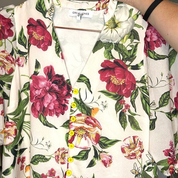 Great Jones White Floral Shift Magnolia Flower Summer V Neckline Dress sz Small - Picture 7 of 9